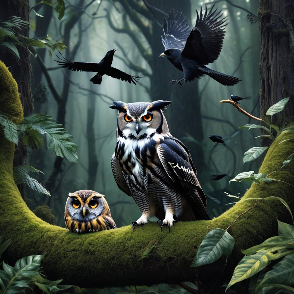  a dog and a snake in a dark fantasy forest with a crow and an owl flying about them photo realistic, highly intricate and detailed, masterpiece, ultra high res,photography,8k resolution