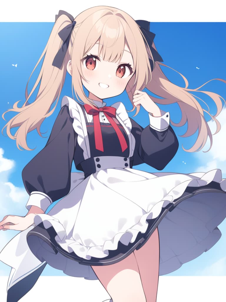  "create an ilration of a cute wearing knee high socks and a with lots of frills. she should be depicted with a bright smile,jumping lightly. the background should feature a clear blue sky with clouds,conveying a cheerful and fun atmosphere. the 's hairstyle should be twin tails with ribbons to enhance her cuteness."