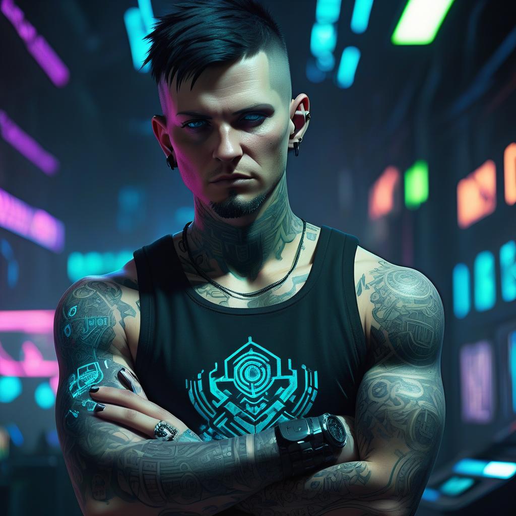  cyberpunk game style white male, very short dark hair, tattoo on arms, tattoo on neck, slavic, netrunner, hacker, black tank top . neon, dystopian, futuristic, digital, vibrant, detailed, high contrast, reminiscent of cyberpunk genre video games