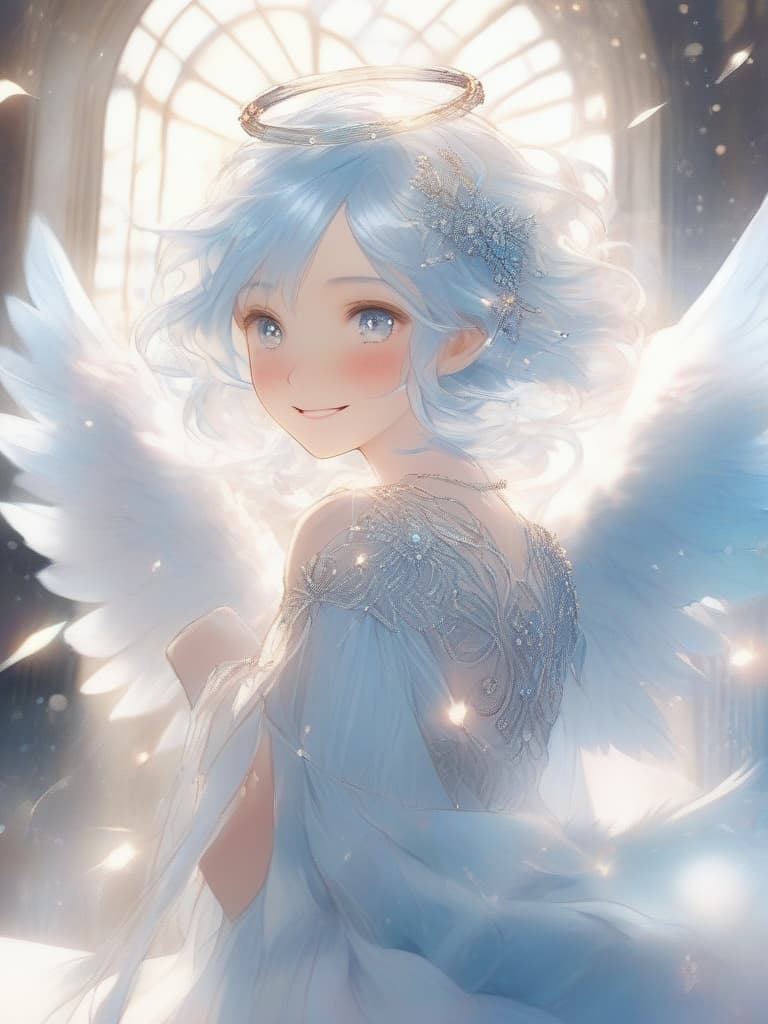  a masterpiece! natural light,beautiful delicate angel,delicate light blue hair color,swaying hair,angel ring,glowing eyes like jewels,smiling face,lots of light particles,fantasy clothes,feathers on back,fluffy,fantasy,crystal,wonder,high quality,16k