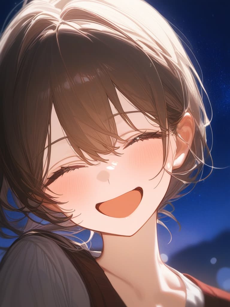  under the starry sky, a girl laughing at me, long brown hair, transparent fleeting, whole body, masterpiece, best quality,8k,ultra detailed,high resolution,an extremely delicate and beautiful,hyper detail