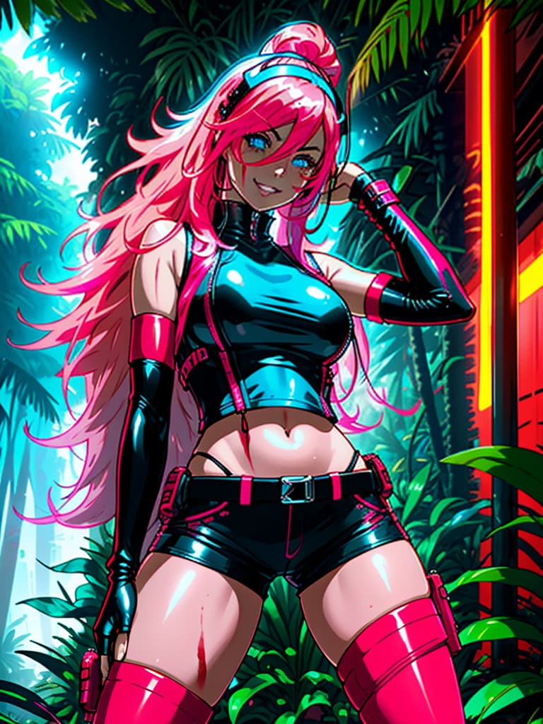  Futuristic female bounty hunter, red flowing, long hair, dressed in skin tight shorts and a sleeveless, leather flack vest; standing in a Columbian jungle outside a large villa...realistic neon pink and bright neon blue, with lots of blood dripping off face, grinning.