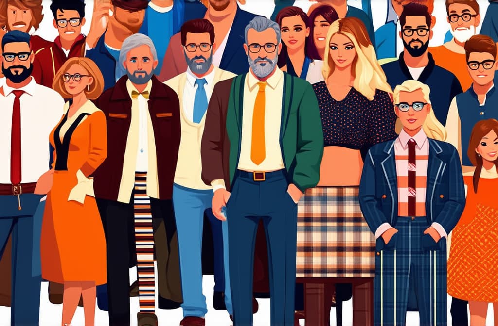  crowd of young and old men and women in trendy hipster clothes. diverse group of stylish people standing together. society or population, social diversity. flat cartoon vector illustration. ar 3:2 {prompt}, maximum details