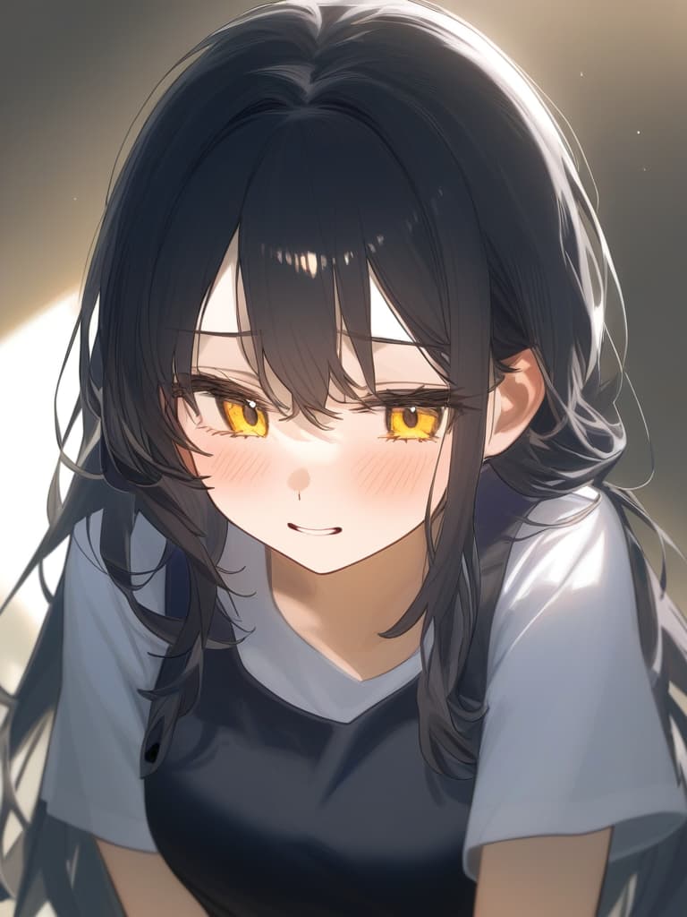  cute face focus,cute,young,long hair,black hair,yellow eyes,shy