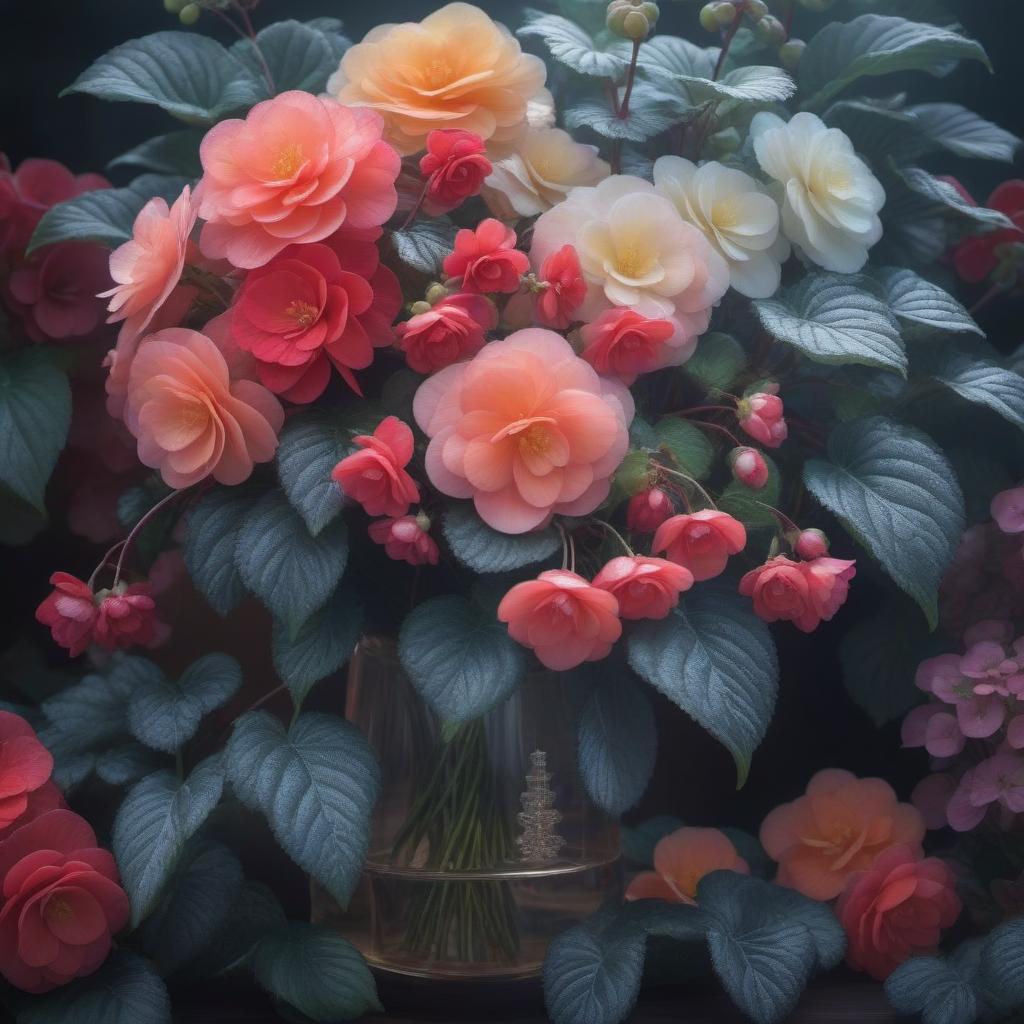  Bouquet of begonias hyperrealistic, full body, detailed clothing, highly detailed, cinematic lighting, stunningly beautiful, intricate, sharp focus, f/1. 8, 85mm, (centered image composition), (professionally color graded), ((bright soft diffused light)), volumetric fog, trending on instagram, trending on tumblr, HDR 4K, 8K