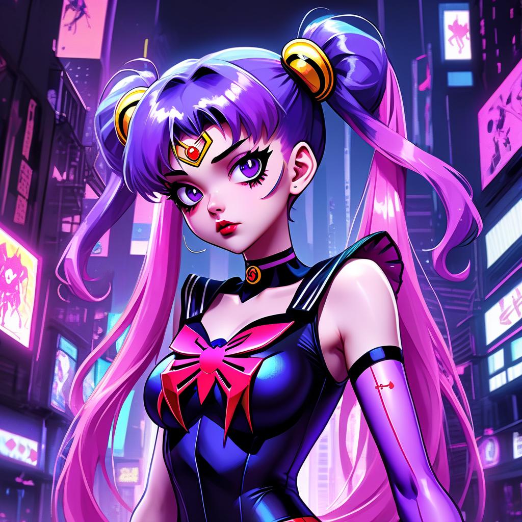  anime artwork gothic style, anime, girl with purple hair, one ponytail on her head, sailor moon costume, gwen stacey costume, spider, spider man, cyberpunk, neon, gothic makeup, frowny face . anime style, key visual, vibrant, studio anime, highly detailed, hkmagic