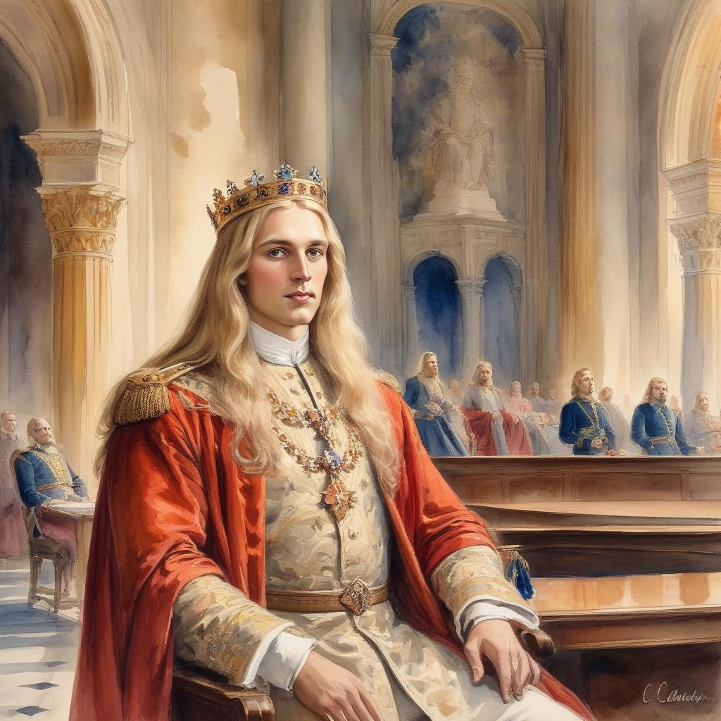  watercolor painting young king with long blonde hair in the council hall, 19th century, aesthetics of beauty and grandeur . vibrant, beautiful, painterly, detailed, textural, artistic