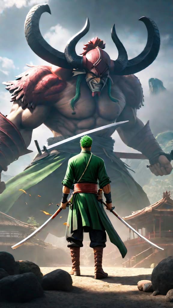  anime art: zoro's santoryu technique reveals 'asura' with three faces and six arms, enhancing his power in battle. hyperrealistic, full body, detailed clothing, highly detailed, cinematic lighting, stunningly beautiful, intricate, sharp focus, f/1. 8, 85mm, (centered image composition), (professionally color graded), ((bright soft diffused light)), volumetric fog, trending on instagram, trending on tumblr, HDR 4K, 8K