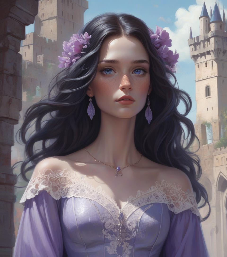  concept art beautiful freckled queen goddess with long wavy black hair, delicate features, pale skin, red cheeks, natural makeup, wearing a lavender dress with lace embroidered flowers, intricate stunning highly detailed girl by artgerm and edouard bisson, highly detailed oil painting, portrait of a beautiful person, art by stanley artgerm, charlie bowater, atey ghailan and mike mignola, silver jewelry, princess, goddess, high quality background, fantasy character concept art, blue sky and castle wall background, prin . digital artwork, illustrative, painterly, matte painting, highly detailed