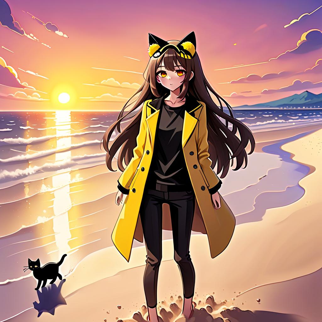  psychedelic style an anime style girl with cat ears stands on the beach, where soft sand extends to the horizon. he has long dark brown hair, which flies slightly in the breeze. his face, with pronounced jewish and slavic features, radiates lively energy. brown eyes are full of deep emotions, as if reflecting the vast expanses of the ocean. he wears a bright yellow coat that seems to shine, catching the eye and contrasting with the soft shades of the sunset. under his coat he wears a black shirt and black pants are decorated with yellow elements, creating a stylish and dynamic look. a bright red sunset turns into the night, and the bright red rays of the sun fall on the terrain, highlighting the sandy shore and contrasting with the night da