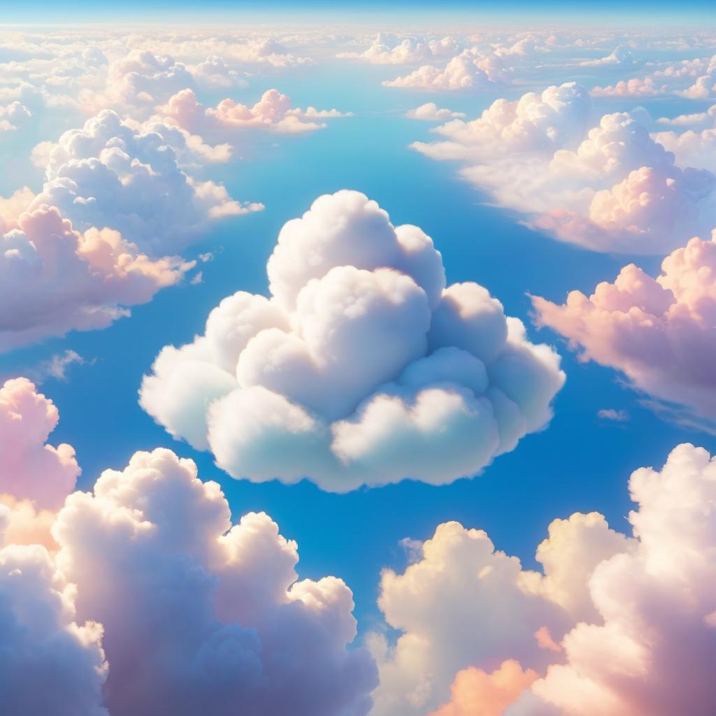  in 3d animated movie style. disney pixar style. puffy, a small cloud with a friendly face, floating alone in a vast, fluffy sky with soft, pastel colors and gentle sunlight filtering through the clouds. high resolution, pixar 3d animated film style with detailed rendering. warm, welcoming view from above, emphasizing puffy's separation from his cloud friends.