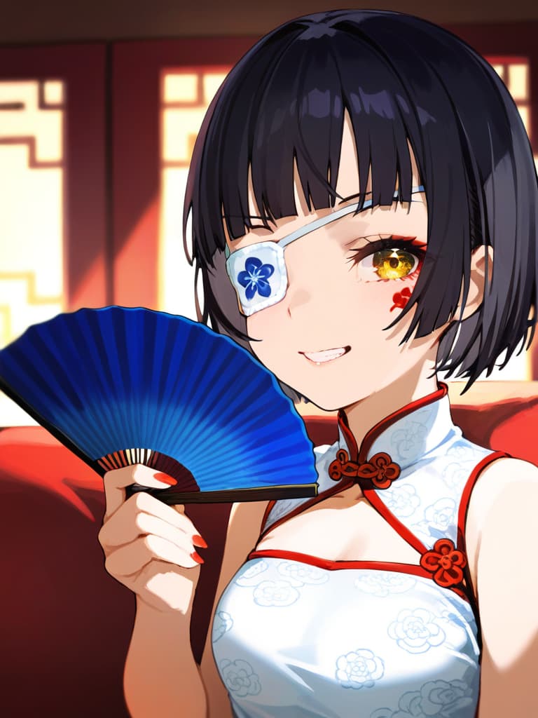  ultra detailed:1.2,masterpiece:1.2,best quality,masterpiece,bestquality,hdr:1.1,8k:1.1,very cute girl:1.3,(black hair,bob cut,long hair,blunt bangs:1.4),((white china dress,japonica pattern:1.5)),(chinaese makeup:1.6),((redrose object eyepatch:1.6))(seductive smile,grin:1.1),(sitting couch:1.3)((cross legs:1.3)),(head rest:1.3),(holding open handfan:1.7)(upper body,face focus:1.4)