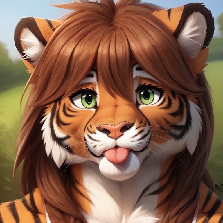  (by kabier:1.6), felid mammal pantherine tiger blep blush brown_hair chest_tuft clothing female front_view fur green_eyes hair long_hair looking_at_viewer multicolored_body multicolored_fur orange_body orange_fur outside smile solo striped_body striped_fur stripes tongue tongue_out tuft white_body white_fur, open eyes, masterpiece, 4k, fine details,