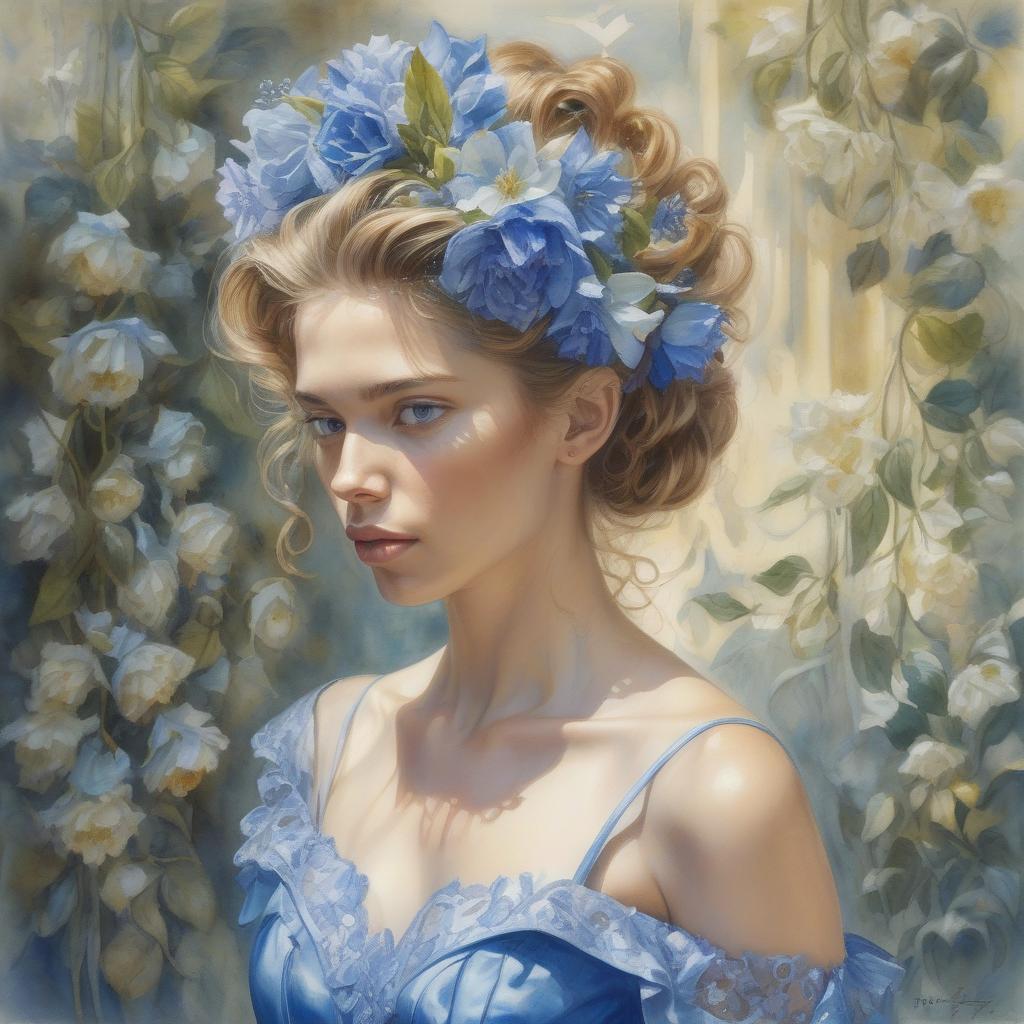  watercolor painting <mymodel> a painting of a woman with flowers in her hair and a blue dress donato giancola, figurative art, extremely detailed oil painting, a hyperrealistic painting . vibrant, beautiful, painterly, detailed, textural, artistic