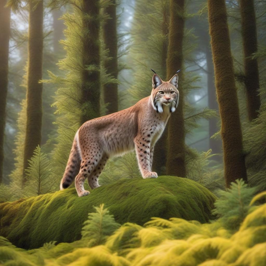  Lynx in the trees hyperrealistic, full body, detailed clothing, highly detailed, cinematic lighting, stunningly beautiful, intricate, sharp focus, f/1. 8, 85mm, (centered image composition), (professionally color graded), ((bright soft diffused light)), volumetric fog, trending on instagram, trending on tumblr, HDR 4K, 8K