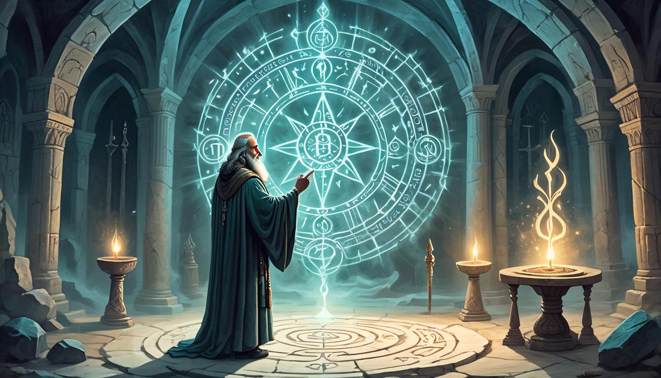  on parchment, surrealism+++, a mystical sage standing before an ancient altar, surrounded by glowing sigils, ethereal light casting a halo, revered presence, crucial message(mysterious, provocative, symbolic,muted color)+++