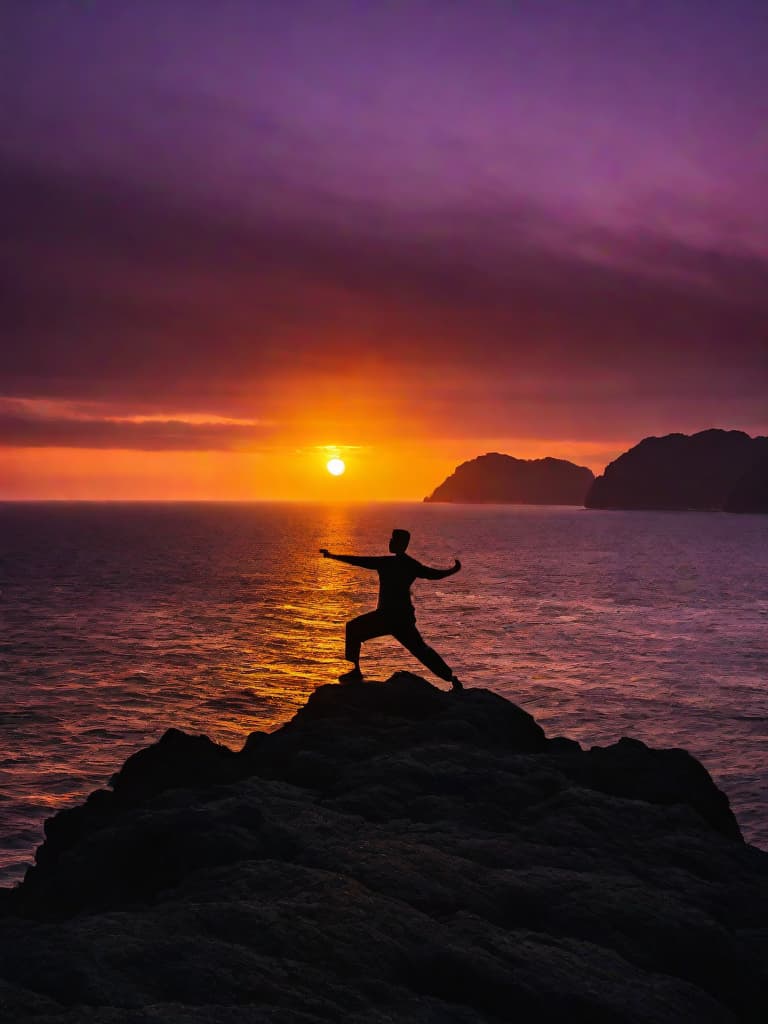  Close up of the silhouette of a man doing Thai Chi on a cliff overlooking the ocean with a sunrise in the background. RAW, realistic