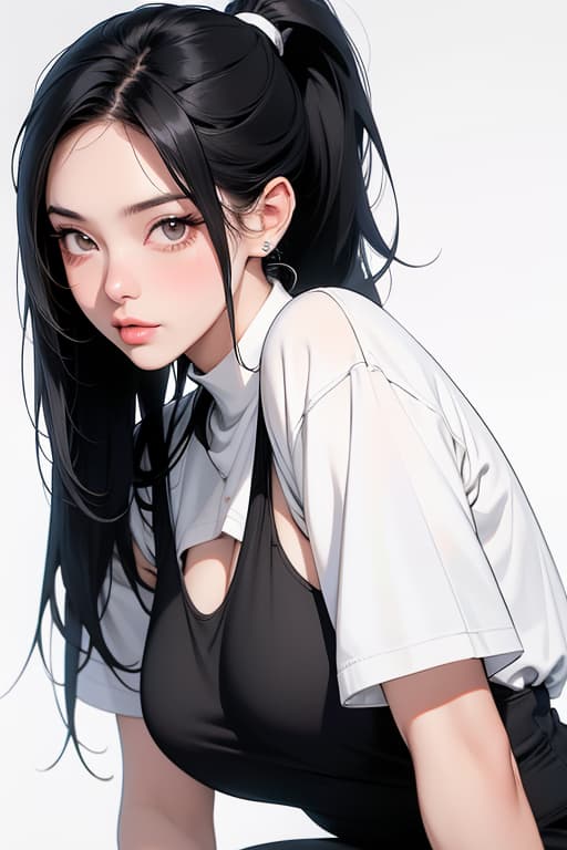  a close up of a woman in a cloth, long black hair ponytail hairstyles with bang and long side bangs, , oppai proportions, large , build, anime ,, realistic shaded perfect body, small curvy , body. on white background , advertising photo,high quality, good proportion, masterpiece , the image is captured with an 8k camera