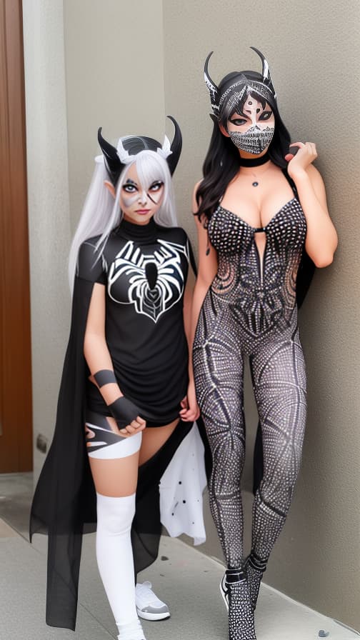  Black Spider-patterned body paint in every corner of the whole body, full-body, silver body paint, White face paint on the face,Two Dark elfs 女性