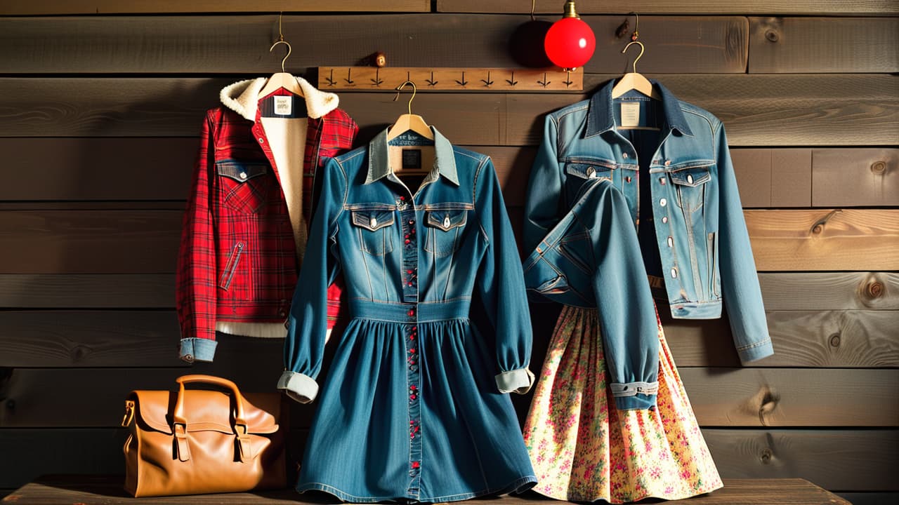  a collage of vintage clothing items including a 1970s floral dress, 1980s denim jacket, and 1990s grunge flannel, displayed on a rustic wooden background with soft, warm lighting highlighting their textures and colors. hyperrealistic, full body, detailed clothing, highly detailed, cinematic lighting, stunningly beautiful, intricate, sharp focus, f/1. 8, 85mm, (centered image composition), (professionally color graded), ((bright soft diffused light)), volumetric fog, trending on instagram, trending on tumblr, HDR 4K, 8K