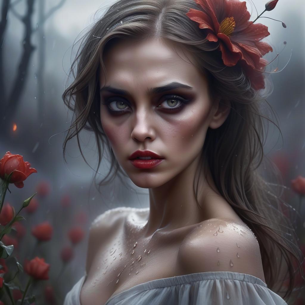  a girl with a brooding look and bloody hair, a graceful and beautiful figure with features reminiscent of angelina jolie and jessica alba bright lips high cheekbones and expressive eyes. high detail, around it gentle twinkling fire, half brown flowers winding around, a dull background with fog and soft light, a mysterious and slightly gloomy atmosphere, a light wind moves hair and clothes, rain drops sparkle on the skin