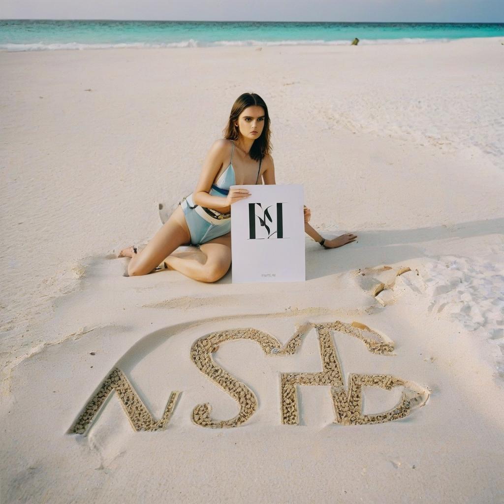  beautiful with light makeup in a from versace on the beach on the maldives shows the letter, film photography style