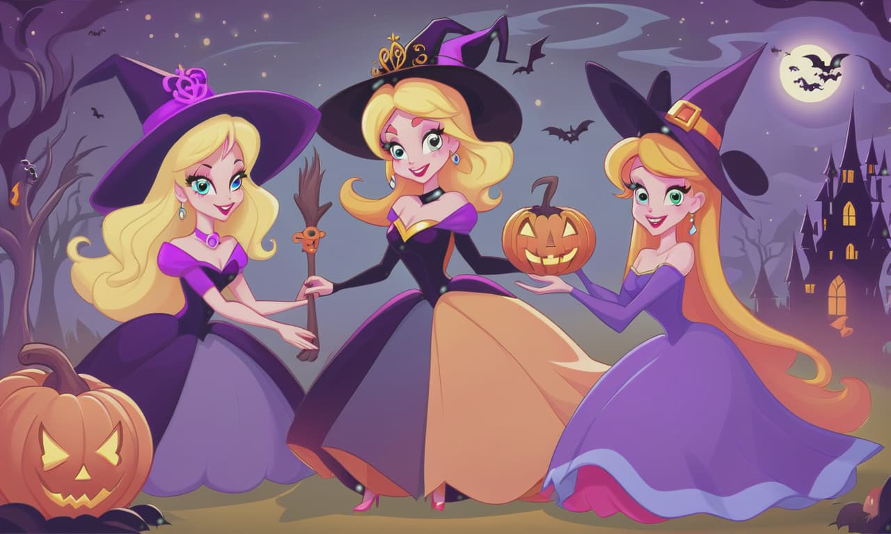  cartoon princesses playing with witches