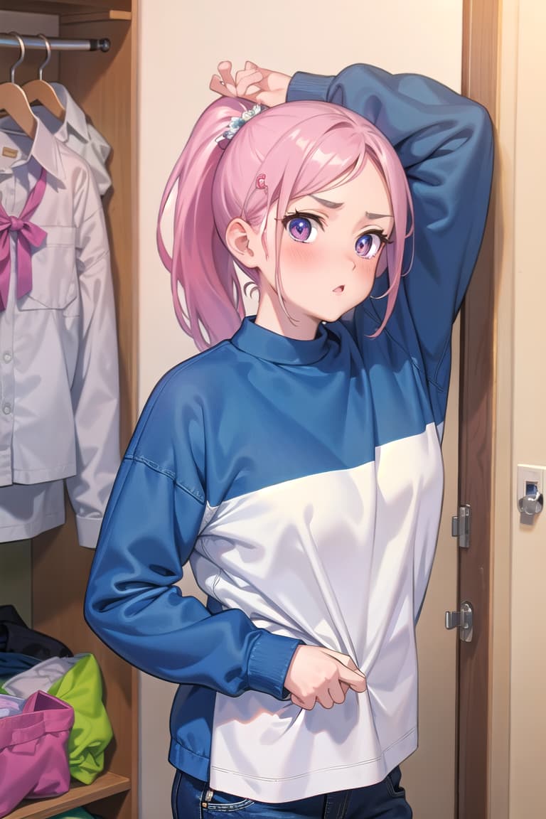  r 18, , middle , ,random situation, pink haired ,ponytail,large eyes,A woman, interrupted while changing clothes in her bedroom, stands with her back to the camera, one hand raised to cover her face, partially shielding her expression of surprise. She wears a simple white and a pair of blue jeans, her shirt discarded beside her. BREAK Subject: woman, surprised expression, partially covering face BREAK Clothing: white , blue jeans BREAK Background: bedroom, unmade bed,