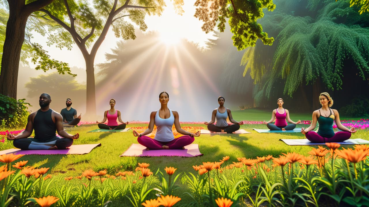  a serene landscape featuring a diverse group of people practicing yoga in a lush park, surrounded by vibrant flowers, gentle streams, and soft sunlight filtering through trees, embodying balance, health, and interconnectedness. hyperrealistic, full body, detailed clothing, highly detailed, cinematic lighting, stunningly beautiful, intricate, sharp focus, f/1. 8, 85mm, (centered image composition), (professionally color graded), ((bright soft diffused light)), volumetric fog, trending on instagram, trending on tumblr, HDR 4K, 8K