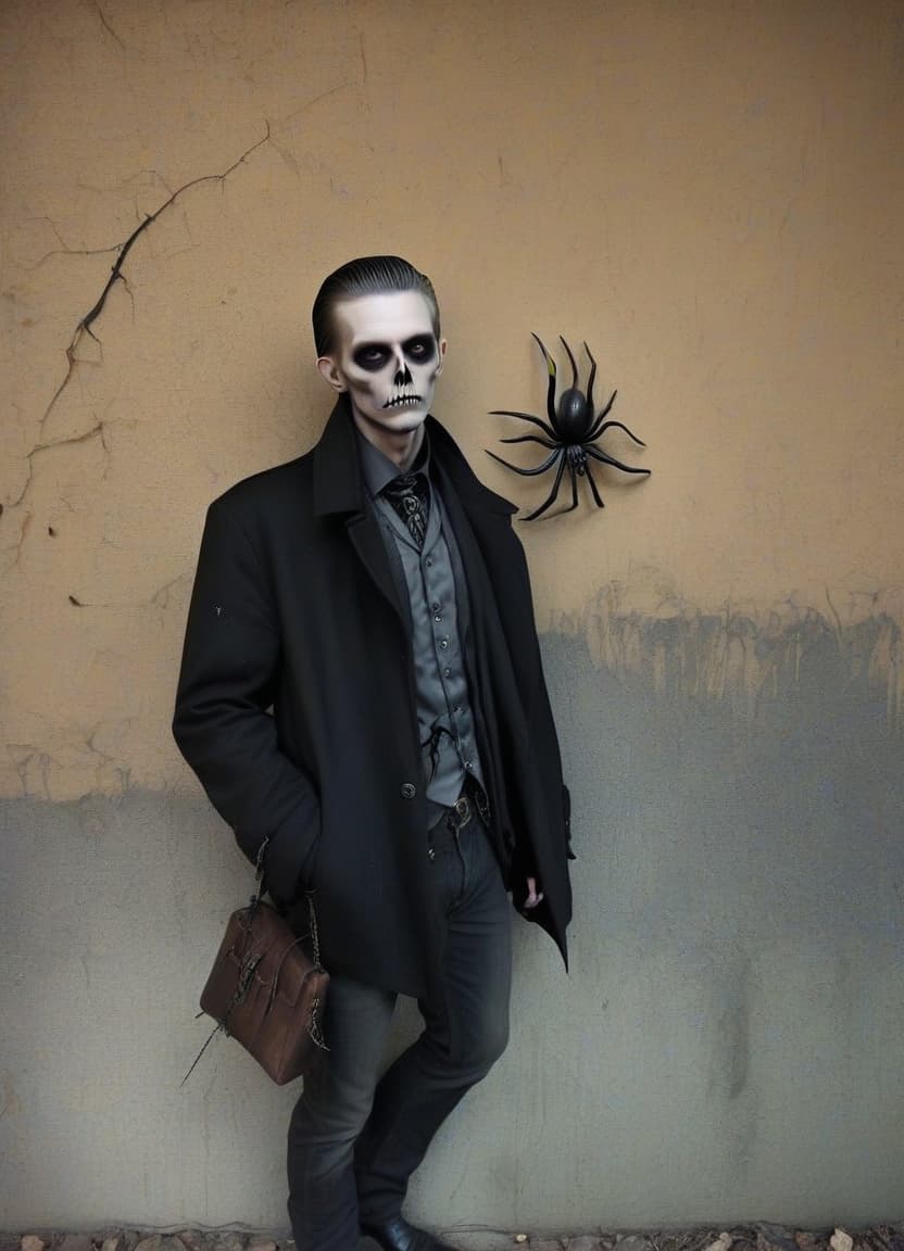  macabre style make him a man with the lower half of a spider's body . dark, gothic, grim, haunting, highly detailed