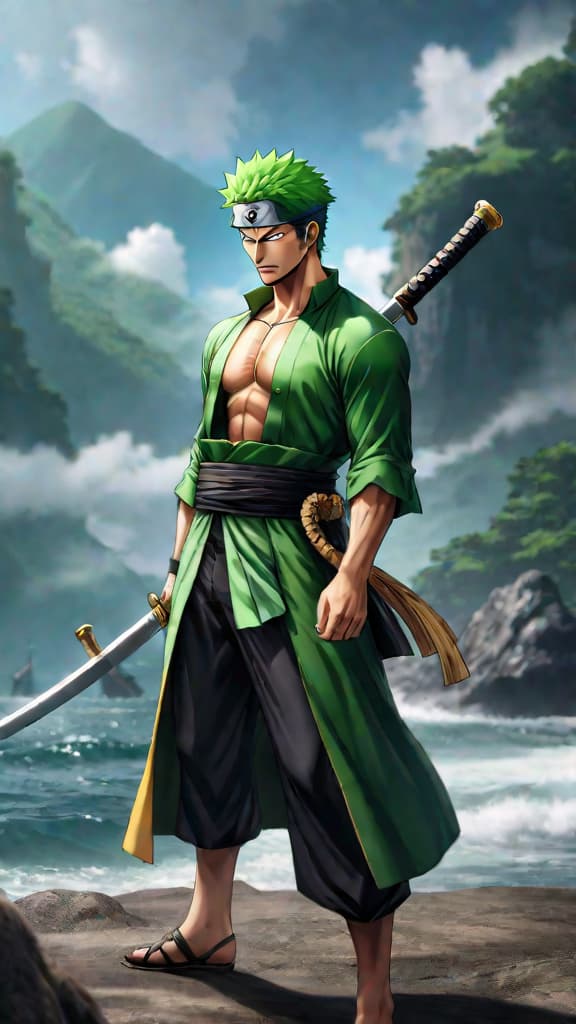  anime art depicting zoro from one piece with his mysterious closed eye hinting at hidden power. hyperrealistic, full body, detailed clothing, highly detailed, cinematic lighting, stunningly beautiful, intricate, sharp focus, f/1. 8, 85mm, (centered image composition), (professionally color graded), ((bright soft diffused light)), volumetric fog, trending on instagram, trending on tumblr, HDR 4K, 8K