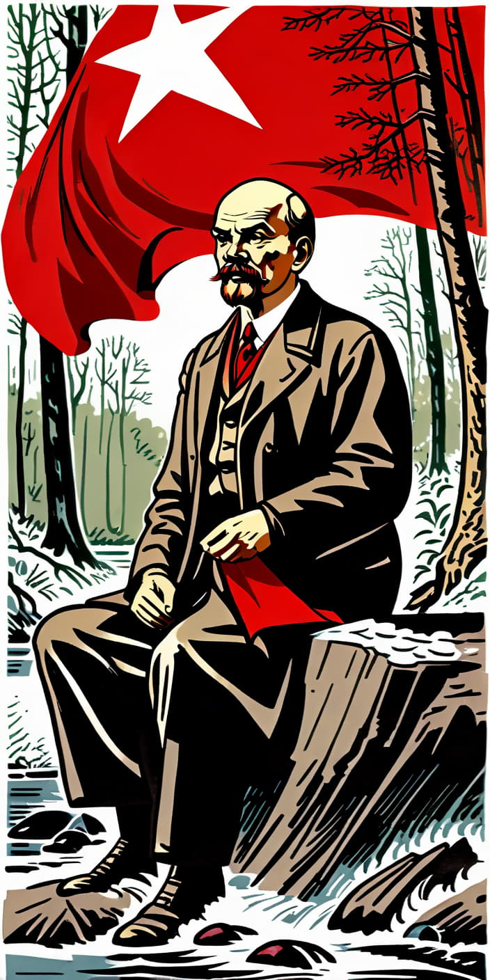  vladimir lenin is sitting on the bank of a river in the forest and waiting for the revolution. he is holding a red banner. comic book style of the 50s. cold war poster style.