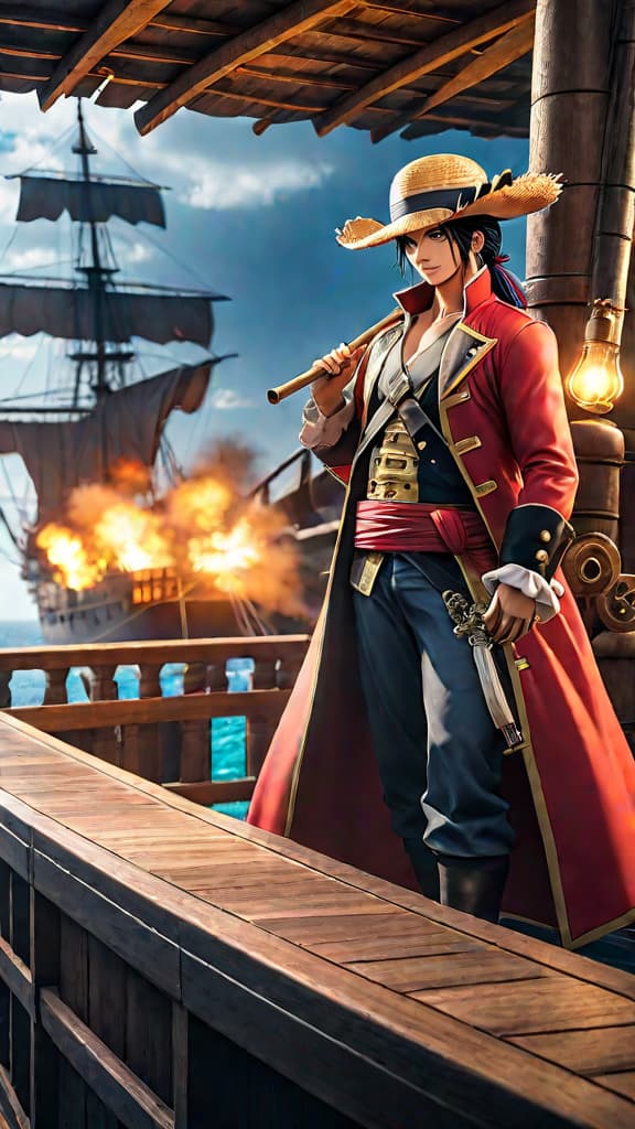  anime art of straw hat pirates on a powerful warship, hinting at franky's delayed entry due to fewer repairs. hyperrealistic, full body, detailed clothing, highly detailed, cinematic lighting, stunningly beautiful, intricate, sharp focus, f/1. 8, 85mm, (centered image composition), (professionally color graded), ((bright soft diffused light)), volumetric fog, trending on instagram, trending on tumblr, HDR 4K, 8K