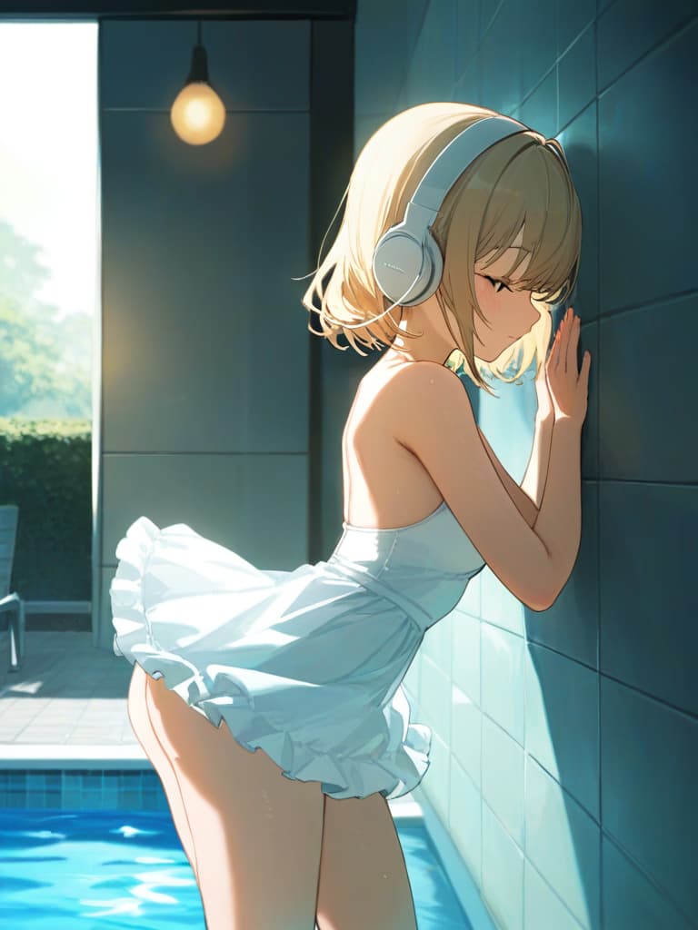  white frilled dress swimwear, back, blond twin tail, white headphones, whole body, legs, hugging on the wall, pose protruding , tile walls, small , s, slim dresses on the wall, slim dress , show your back, pool, pool, masterpiece, best quality,8k,ultra detailed,high resolution,an extremely delicate and beautiful,hyper detail