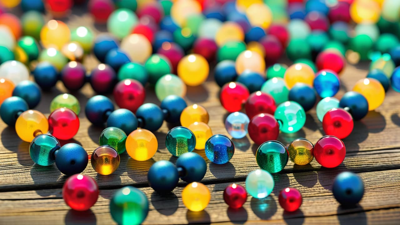  a close up of colorful, intricate beadwork showcasing various patterns and textures, featuring glimmering glass beads, natural stones, and metallic accents, arranged on a wooden surface with soft, natural lighting. hyperrealistic, full body, detailed clothing, highly detailed, cinematic lighting, stunningly beautiful, intricate, sharp focus, f/1. 8, 85mm, (centered image composition), (professionally color graded), ((bright soft diffused light)), volumetric fog, trending on instagram, trending on tumblr, HDR 4K, 8K