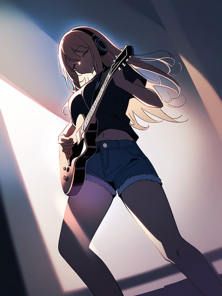  (white background:1.3),(extremely detailed fine touch:1.3),(hard light,studio light,light rays,dappled light,reflection,shadows,ray tracing:1.0),///,,green very long hair,headphone,forehead,having a bird's eye view,anime style,super fine ilration,highly detailed,dynamic angle,beautiful detailed,8k,on stage break a woman,(((headphone:1.3))),on both ,strumming an electric guitar. she arches her back,closes her eyes and looks joyful. break a spotlight shines on her,(t shirt:1.3),(denim shorts:1.3),(black les paul custom:1.3)