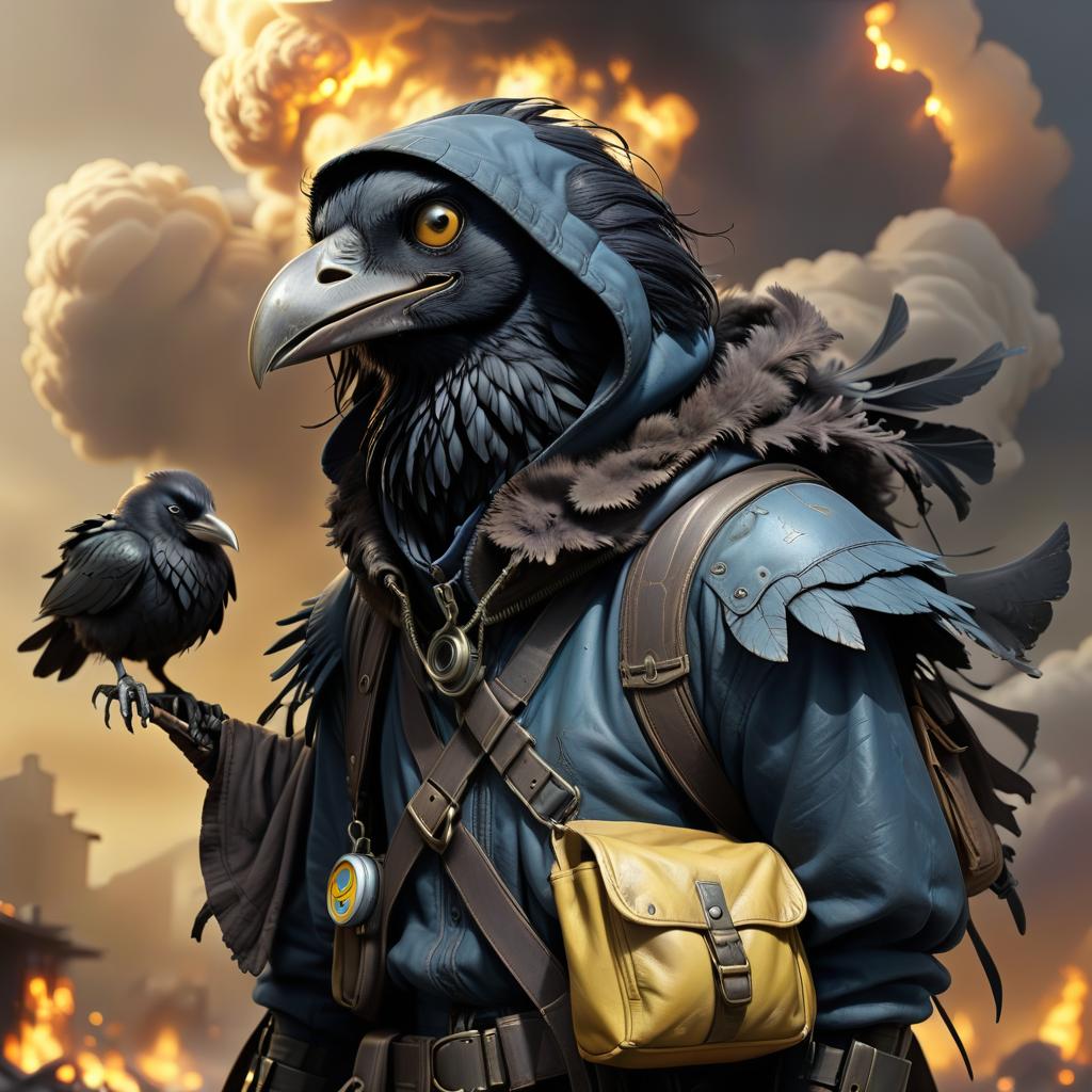  dystopian style black with blue tint avian humanoid race with raven head alchemist, ruffled feathers, mischievous yellow eyes, smiling, rags and leather cloak with lots of pockets, big backpack with pockets, nuclear explosions and detonation blasts . bleak, post apocalyptic, somber, dramatic, highly detailed, civitai