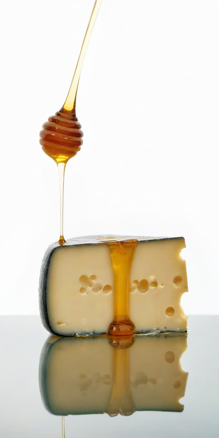  cheese watered with honey, a beautiful reflection from honey and cheese, a light background, film photography style