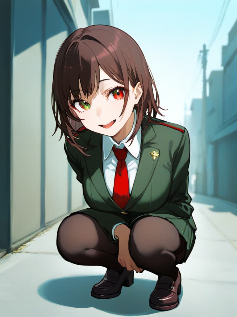  my hero academia hagakure tohru clothing collared shirt (green color :1.5) tie neckwear pleated (red tie red neckwear uniform shirt :1.5) u.a. high uniform uniform white shirt woman bright red eyes dark brown hair messy (dark brown mullet hairstyle:1.5) hair long bangs eyes half hidden by bangs smiling looking at camera open mouth open mouthed smile smiling standing (((squatting:1.3))) one woman alone eyelashes unusually visible simple background white background high resolution very high resolution