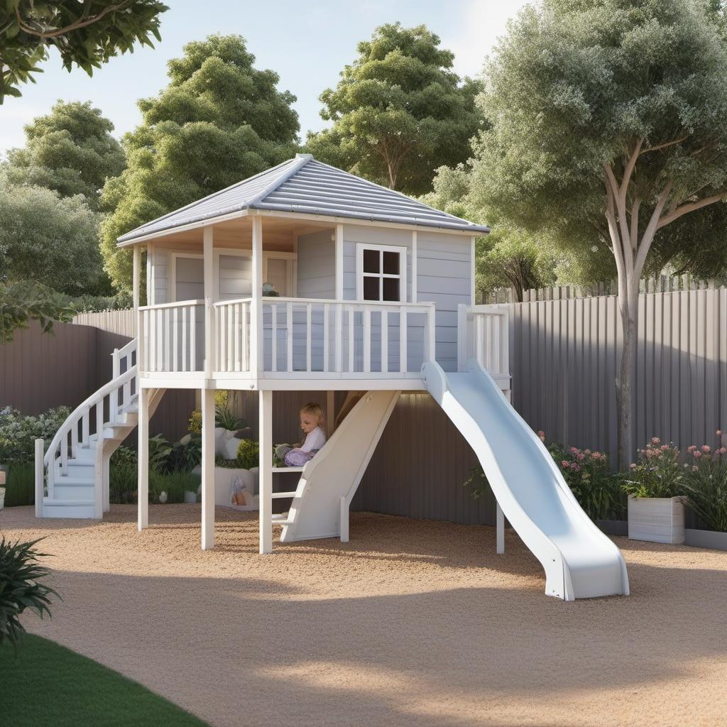  small cubby house on stilts, slide off right, white with light grey trim, verandah, stairs at front. sandpit to left on ground, park kids cars under, profile image style