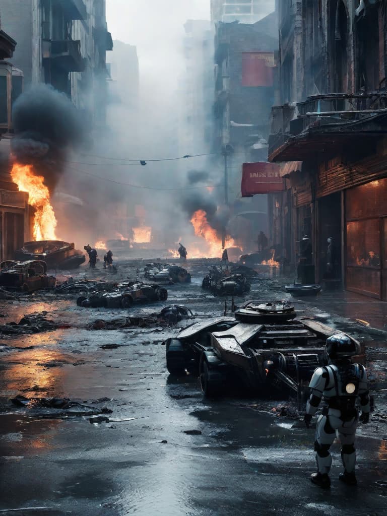  Man vs Machine as AI Robots attack city. A deluge of burning buildings, blood and bodies litter the street.