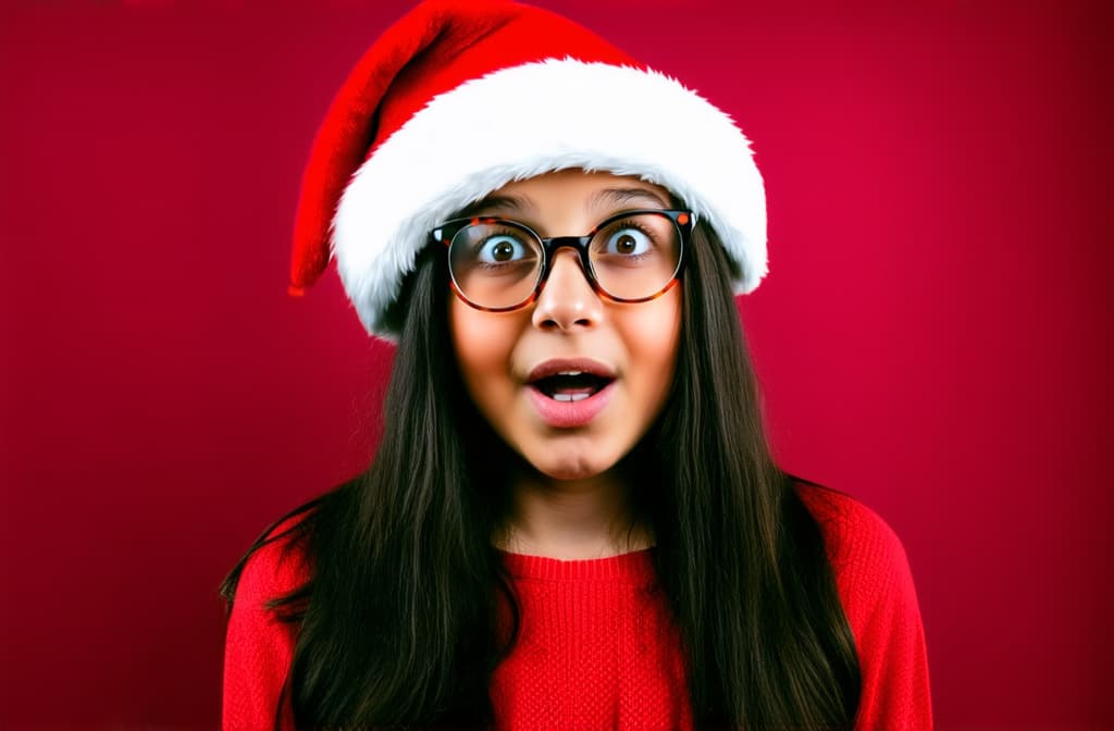  portrait of a beautiful girl with dark long hair in glasses in a santa hat on a red background, the girl has a surprised look, there is free space for text on the right ar 3:2, (natural skin texture), highly detailed face, depth of field, hyperrealism, soft light, muted colors