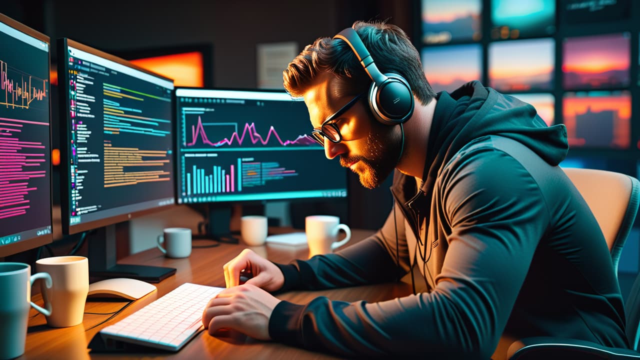  a focused programmer at a dual monitor setup, coding intricate api structures, surrounded by colorful flowcharts and diagrams, with coffee cups, notes, and a digital tablet displaying interactive api documentation in a modern workspace. hyperrealistic, full body, detailed clothing, highly detailed, cinematic lighting, stunningly beautiful, intricate, sharp focus, f/1. 8, 85mm, (centered image composition), (professionally color graded), ((bright soft diffused light)), volumetric fog, trending on instagram, trending on tumblr, HDR 4K, 8K