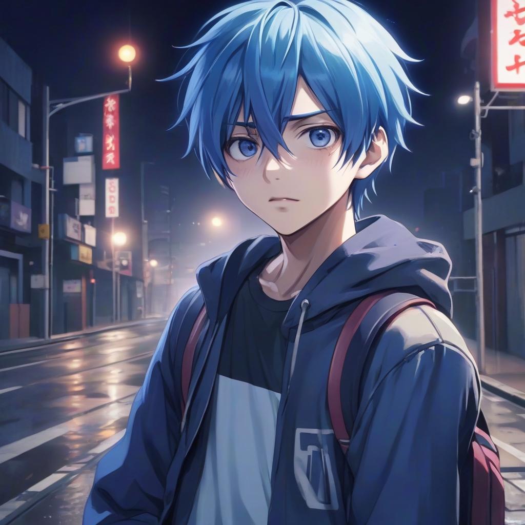  the main character, kaito hanada, an ordinary japanese student with blue hair, one day, returning home late at night, he gets into a serious accident