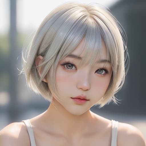  cute japanese girl face, cute short hair, light blonde and silver bob cut hairstyle, black sleeveless top, delicate makeup, cool style, natural lighting, photo realistic in the style of realistic.