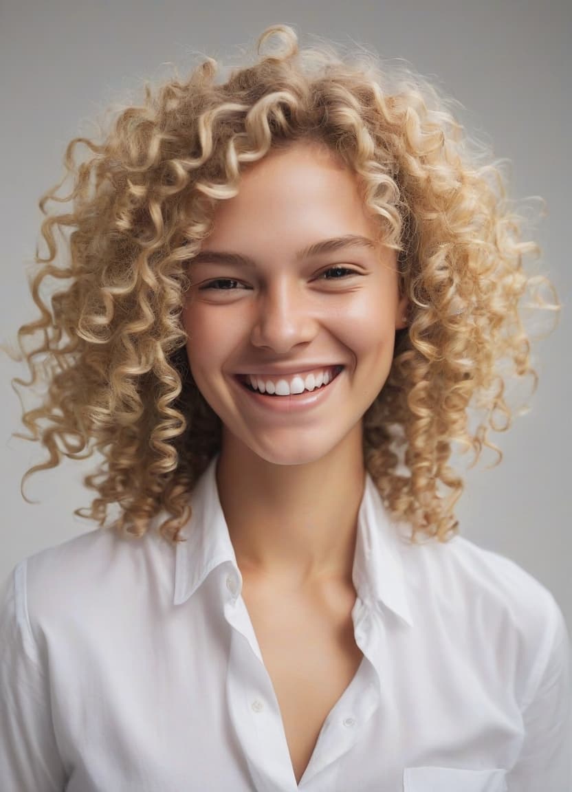  minimalist style the photo shows a woman with beautiful blonde curly hair. she's wearing a white shirt. the photo was taken on her chest. she smiles and looks happy. her face is evenly lit. the background is uniform. overall, the photo is positive and joyful. . simple, clean, uncluttered, modern, elegant