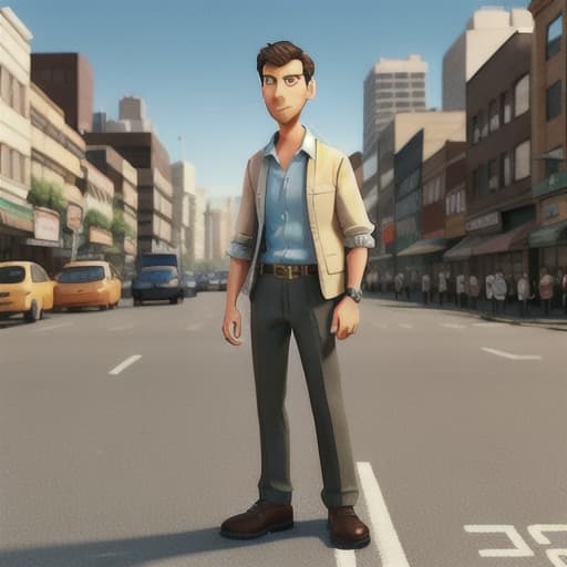  george, a tall man in his mid thirties with a determined expression, stands in the center of a bustling city street. the sun beats down on the pavement, creating a shimmering heat haze that distorts the outlines of the buildings towering above. a sense of urgency is palpable in the air as george glances down at the crumpled slip of paper in his hand, the directions scrawled in neat handwriting. with a deep breath, george sets off down the crowded sidewalk, dodging pedestrians and street vendors alike as he weaves through the throngs of people. his eyes dart back and forth, scanning the storefronts and street signs for any indication of where he needs to go. the sounds of car horns blaring,