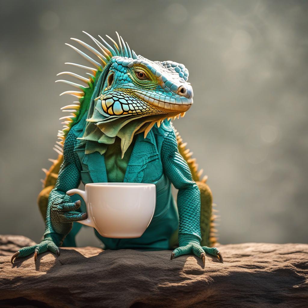  iguana drinking coffee hyperrealistic, full body, detailed clothing, highly detailed, cinematic lighting, stunningly beautiful, intricate, sharp focus, f/1. 8, 85mm, (centered image composition), (professionally color graded), ((bright soft diffused light)), volumetric fog, trending on instagram, trending on tumblr, HDR 4K, 8K