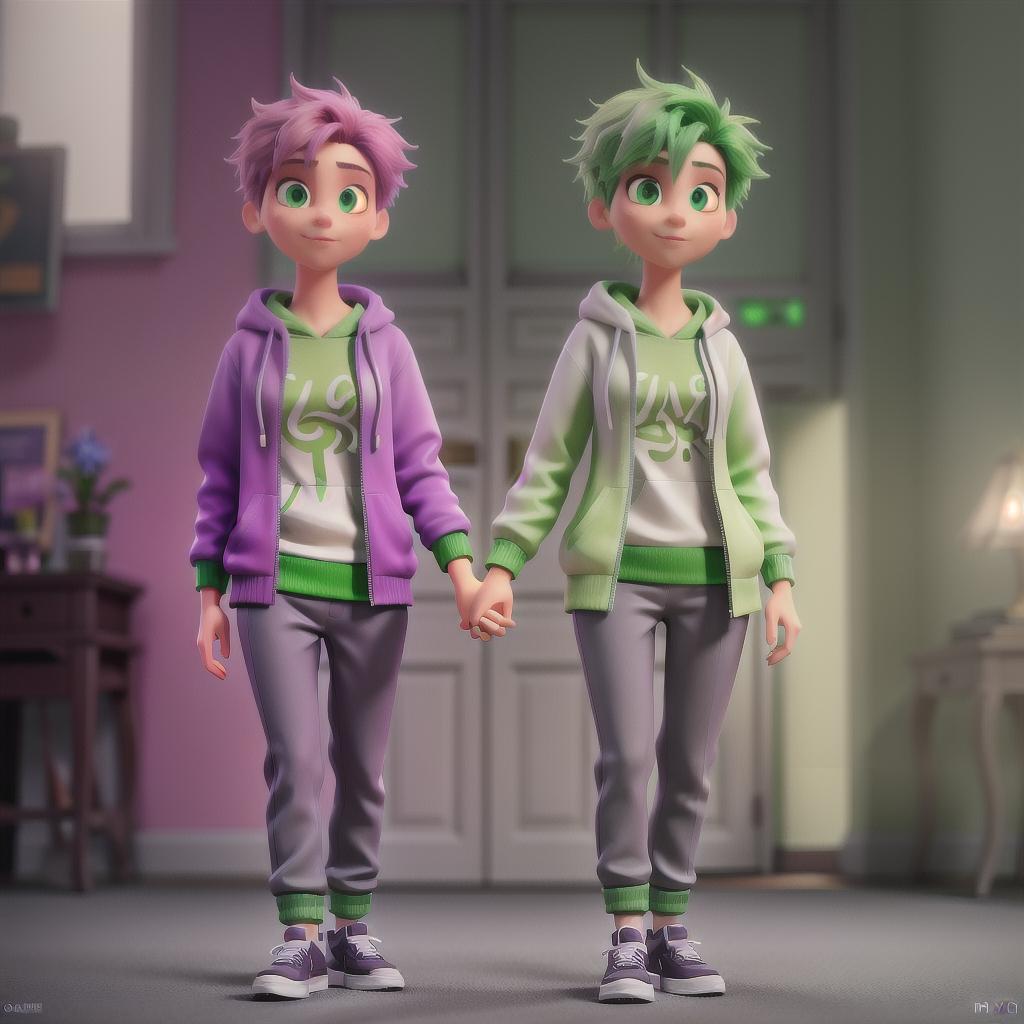  A green haired boy wearing green holding the hand of a magenta haired girl with a dark purple hoodie on with grey pants and white socks hyperrealistic, full body, detailed clothing, highly detailed, cinematic lighting, stunningly beautiful, intricate, sharp focus, f/1. 8, 85mm, (centered image composition), (professionally color graded), ((bright soft diffused light)), volumetric fog, trending on instagram, trending on tumblr, HDR 4K, 8K