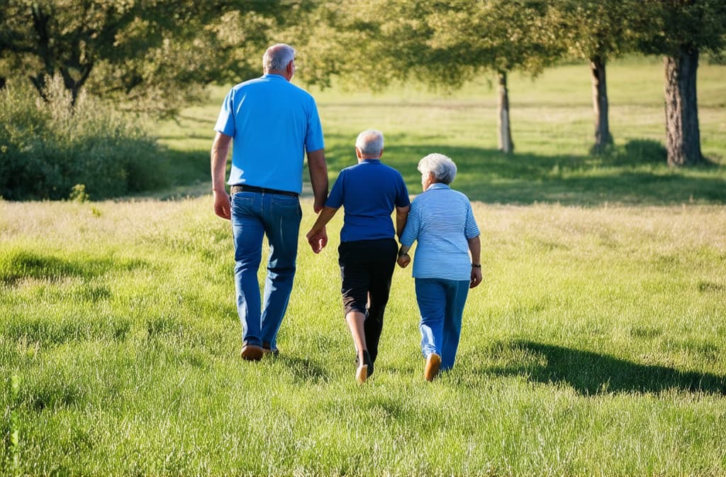  professional detailed photography, grandfather and grandmother walking with their grandson ar 3:2, (muted colors, dim colors, soothing tones), (vsco:0.3)